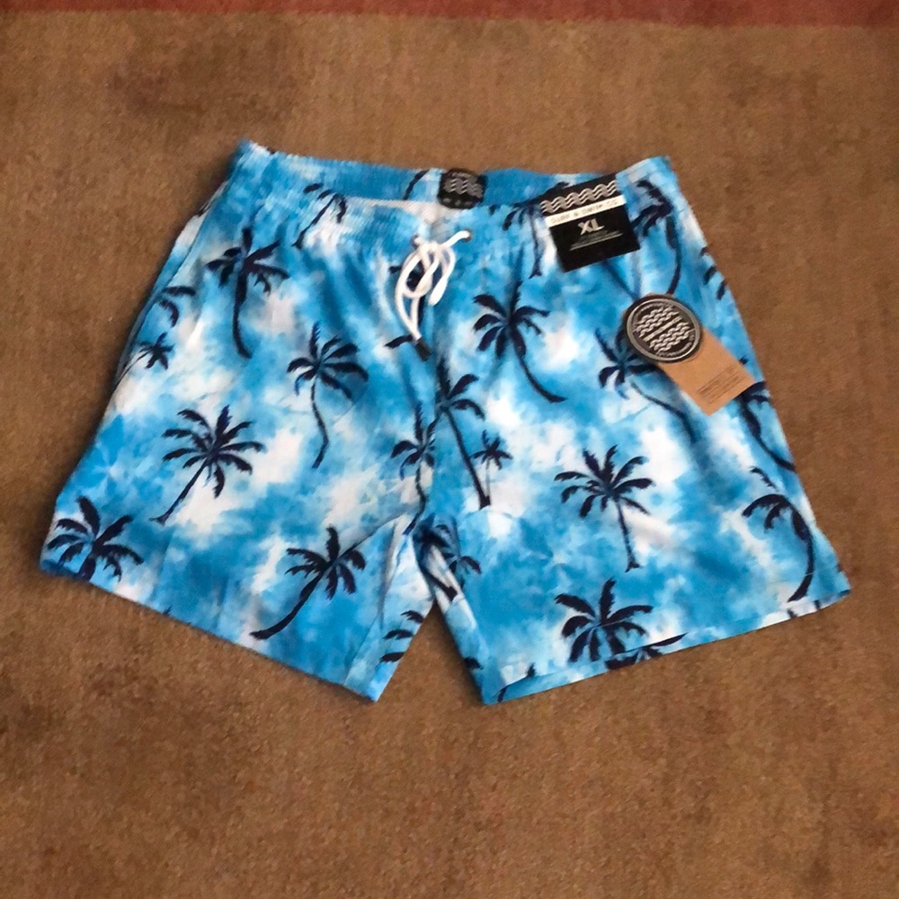 Men’s blue Hawaiian palm tree drawstring XL swim trunks with liner